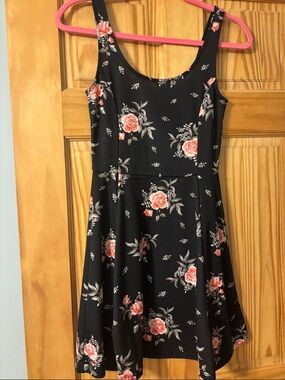 Divided Black Floral Fit-and-Flare Dress with Coral Roses